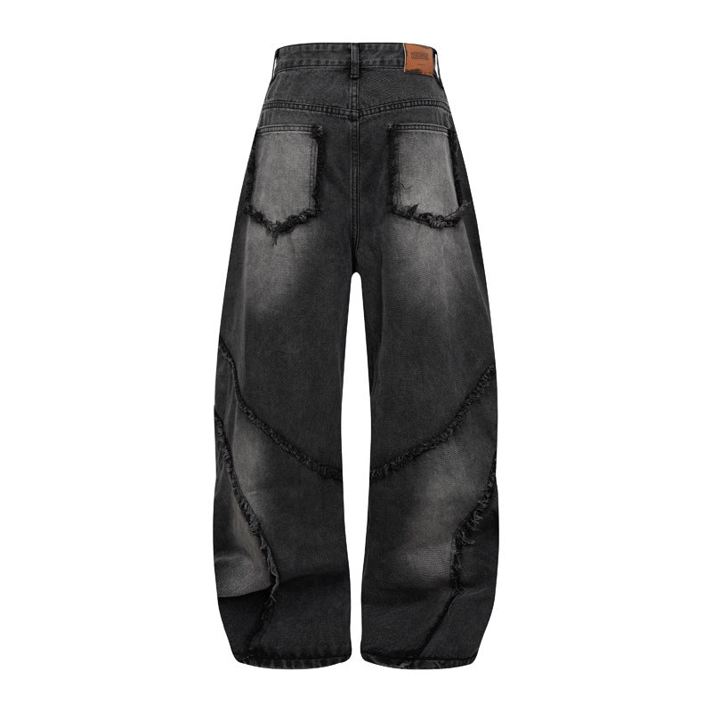 Distressed Wide Leg Jeans Heavy Wash Straight Loose Fit 100% Cotton Retro Streetwear Mopping Trousers | Wasteland Denim