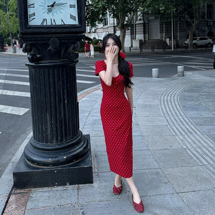 New solid color red polka dot elastic slim white drawstring design V-neck short-sleeved dress long dress women - Seldom Seen Styles