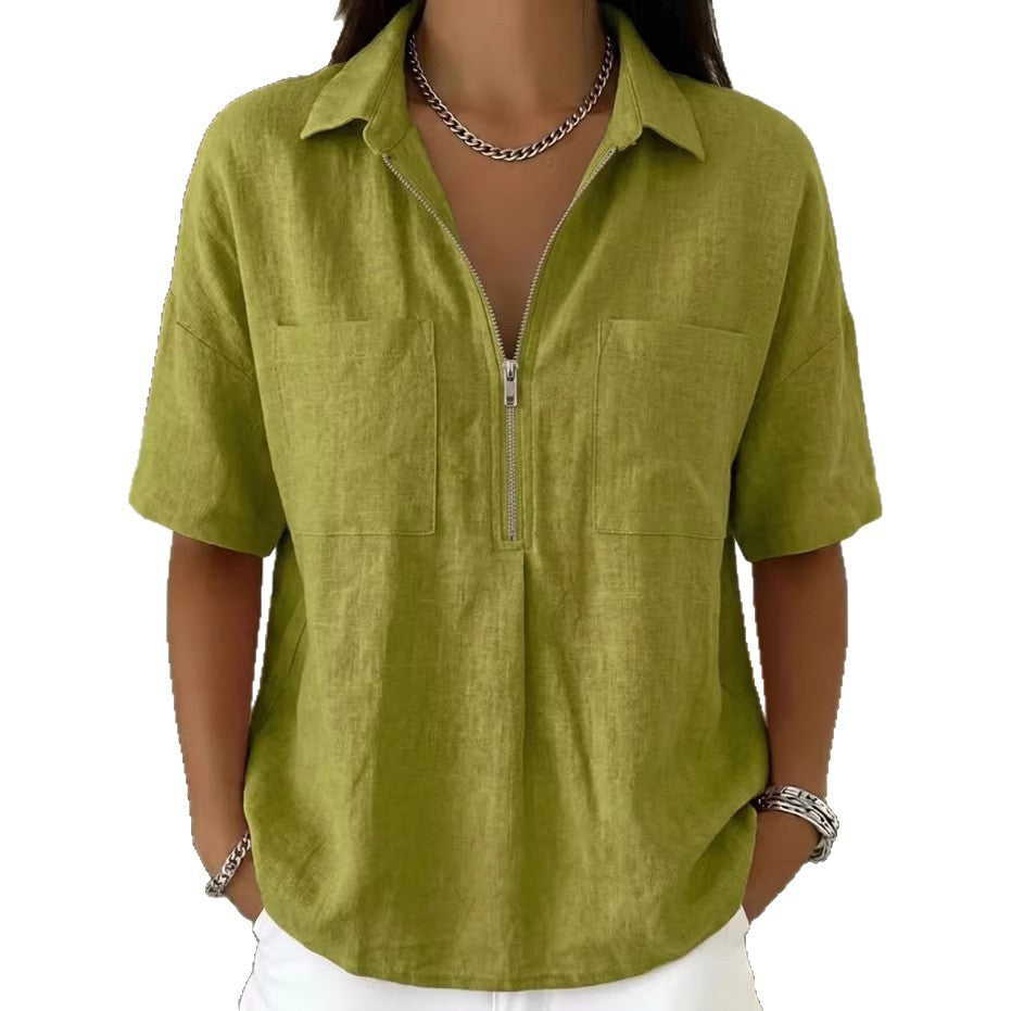 Women's Loose Lapel Short Sleeve Shirt V-Neck Zipper Casual Top Summer Vacation Outfit - Seldom Seen Styles