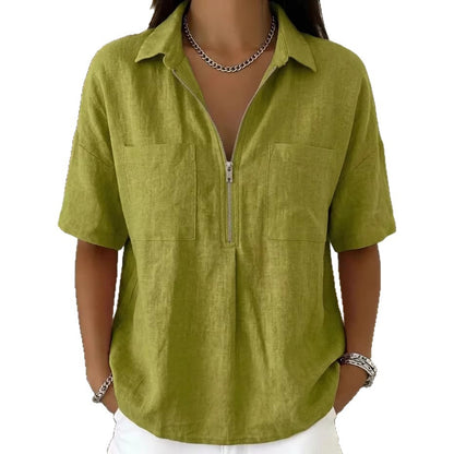 Women's Loose Lapel Short Sleeve Shirt V-Neck Zipper Casual Top Summer Vacation Outfit