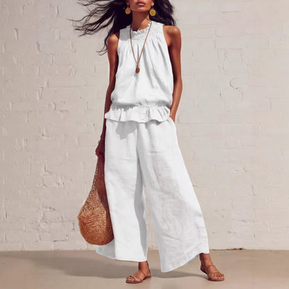 Women's Sleeveless Ruffle Wide Leg Pants Two Piece Set Cotton Linen Casual Summer Beach Outfit