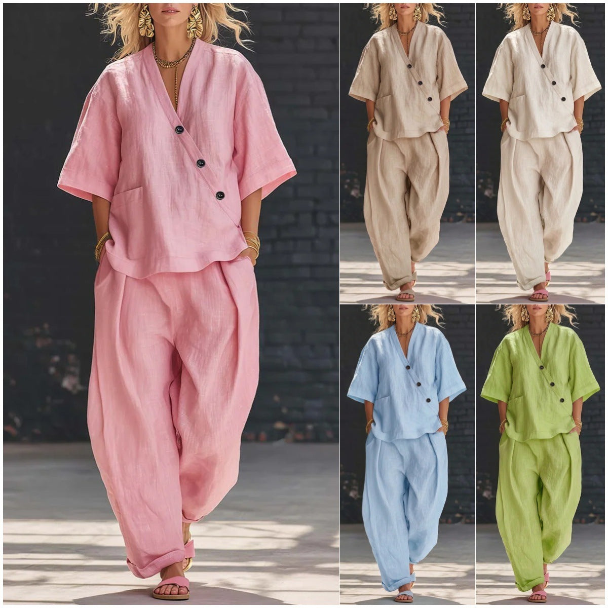 Women's V Neck Loose Short Sleeve Top High Waist Wide Leg Pants Two Piece Set Summer Casual Outfit - Seldom Seen Styles