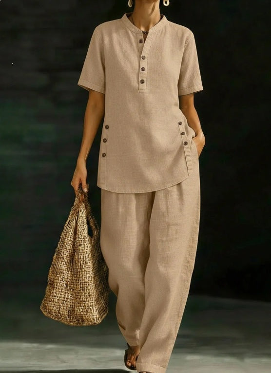 Women's Linen Button Up Shirt Wide Leg Pants Two Piece Set Summer Casual Vacation Outfit Plus Size - Seldom Seen Styles