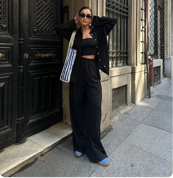 Women's Linen Two Piece Set Button Down Shirt and Wide Leg Pants Casual Matching Outfit Summer Vacation Co Ord Set