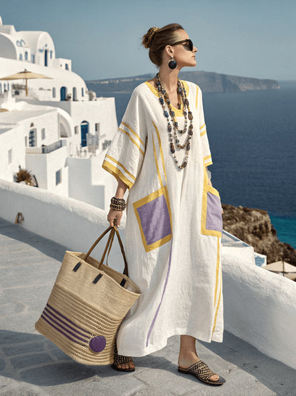 Women's Boho Linen Maxi Dress Oversized Kaftan Beach Cover Up Vacation Resort Dress