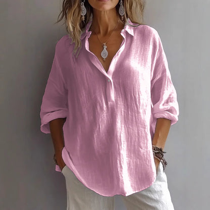 Women's Linen Blend V Neck Shirt Casual Loose Long Sleeve Blouse Lightweight Button Front Tunic Top