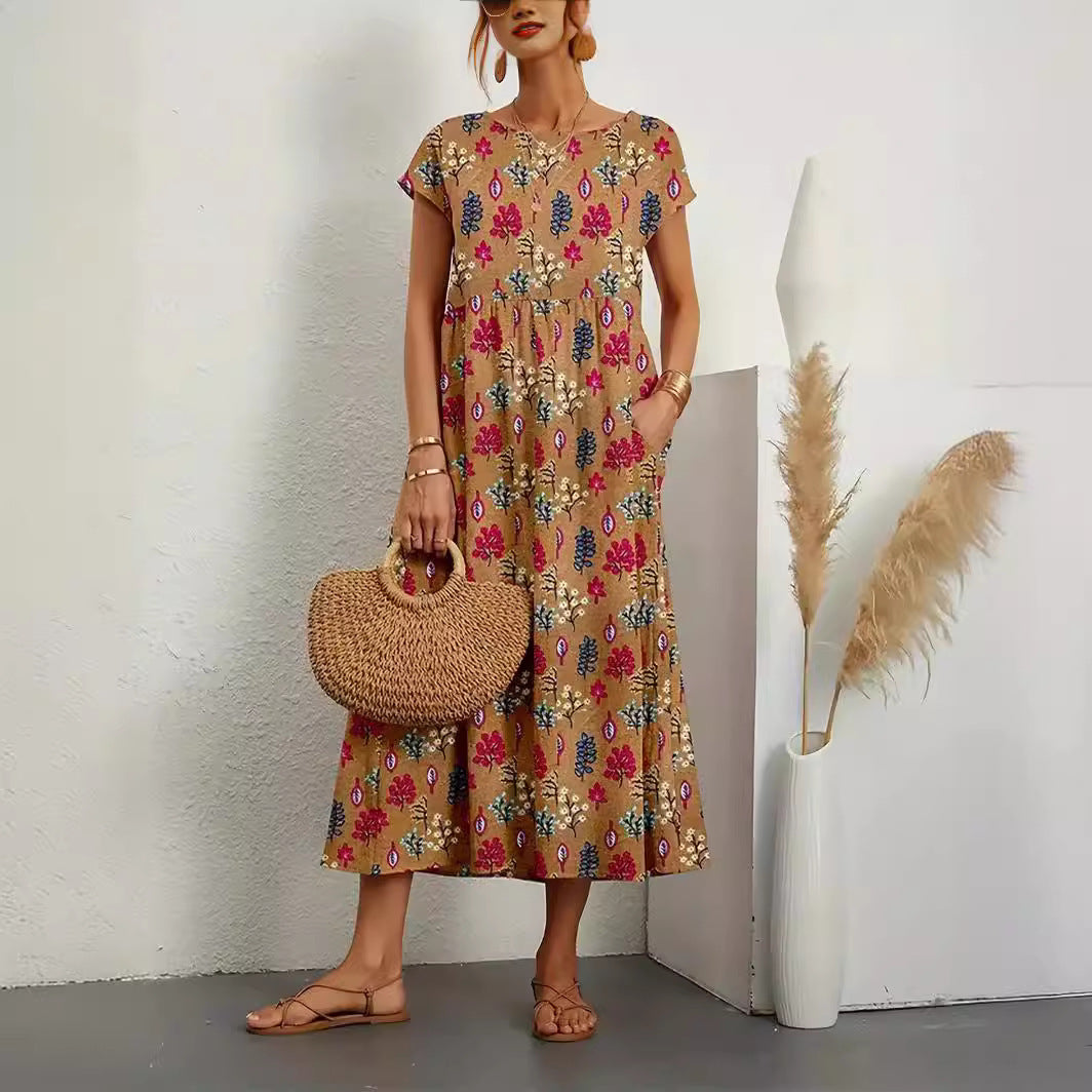 Women's Printed Cotton Linen Maxi Dress Casual Loose Summer Dress - Seldom Seen Styles