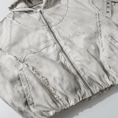 Distressed Raw Edge Washed Padded Cotton Jacket