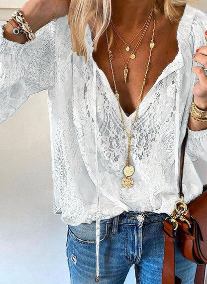 Women's Lace Blouse V Neck Long Sleeve Boho Top Floral Lace Peasant Shirt Casual Elegant Tunic