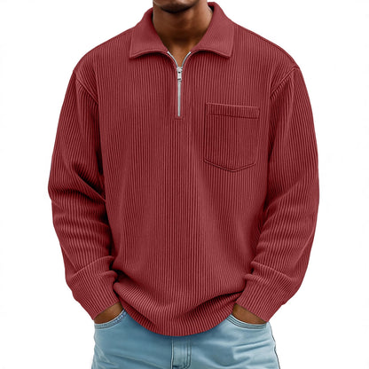 Men's Ribbed Quarter Zip Pullover Sweater Casual Long Sleeve Knit Polo Sweatshirt with Pocket