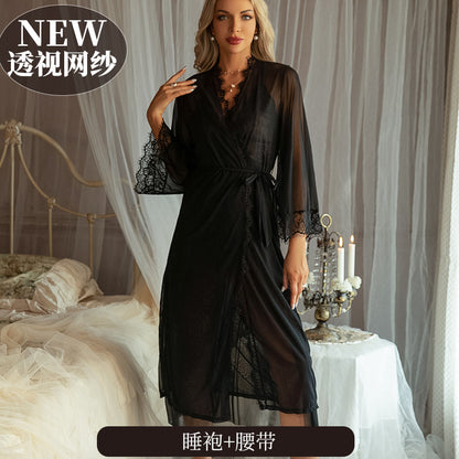 Women's Leopard Print Satin Nightgown French Lace Slip Dress Sexy Spaghetti Strap Sleepwear Maxi Nightdress with Matching Robe
