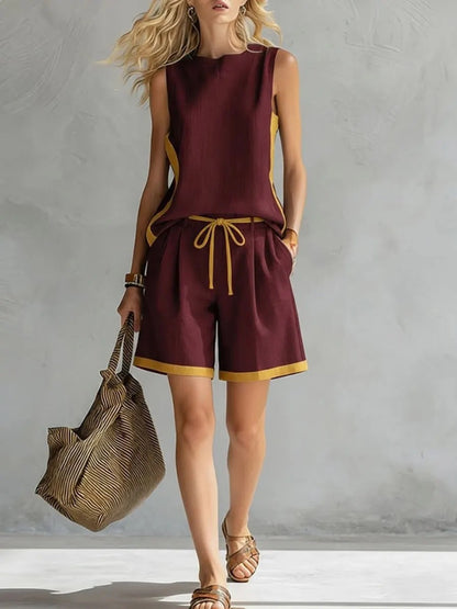 Women's Sleeveless Two Piece Shorts Set Casual Summer Outfit Drawstring Shorts Lounge Set Resort Wear Matching Set