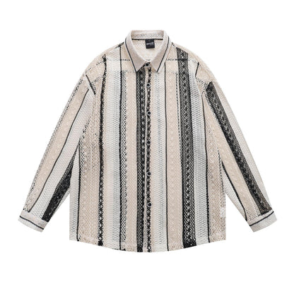 Ethnic Hollowed-Out Striped Long Sleeve Shirt Unisex Loose Fit Vintage Island Vacation Casual Couple Jacket | Island Stripe