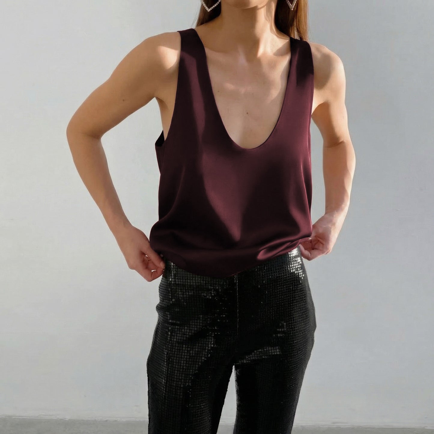 Women's Satin Deep V Neck Tank Top Loose Fit Sleeveless Silk Camisole Blouse - Seldom Seen Styles