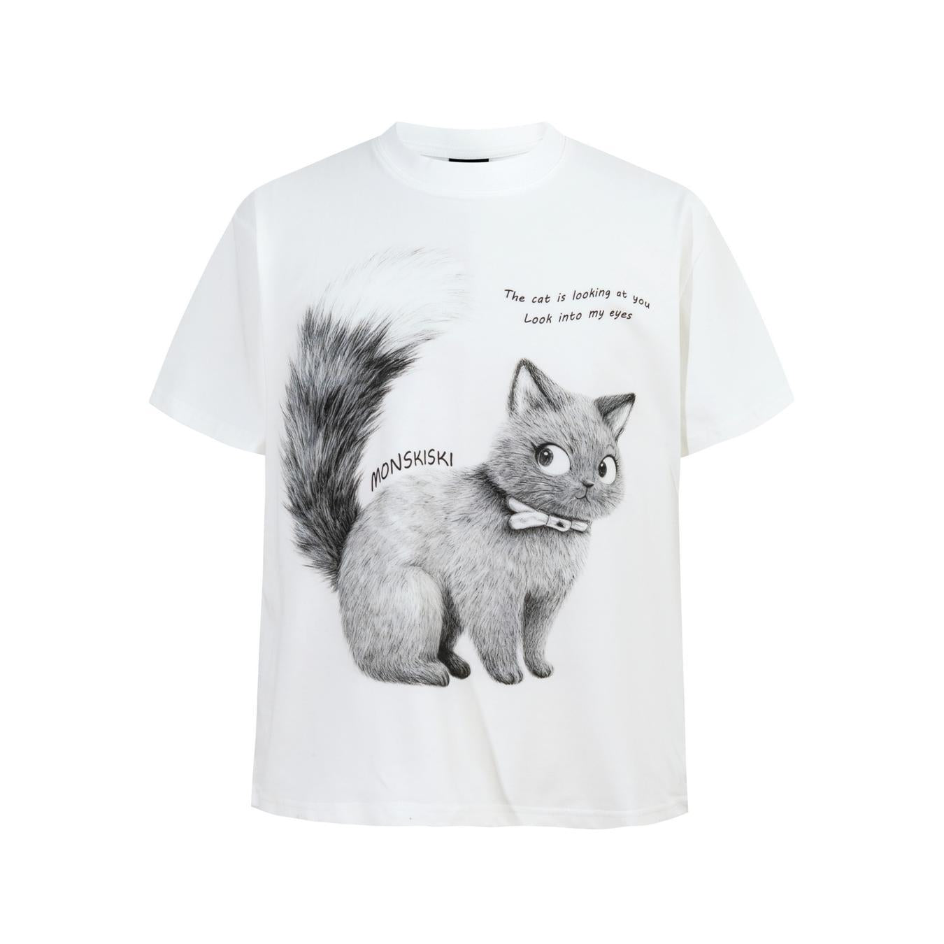 Cat Letter Print Short Sleeve T-Shirt Ice Fabric Cooling UPF50 Quick Dry Loose Fit Streetwear Couple Summer Casual Tee | Cool Cat Tee