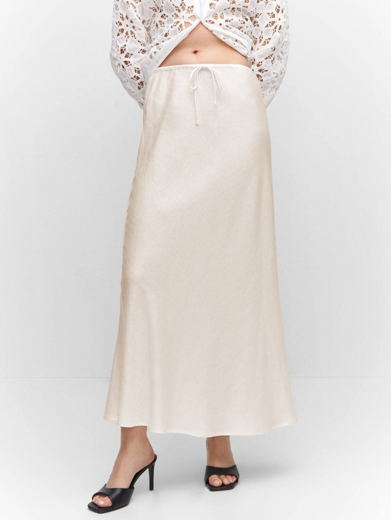 Satin High-Waisted Drawstring Belt Solid Color Midi Skirt - Seldom Seen Styles