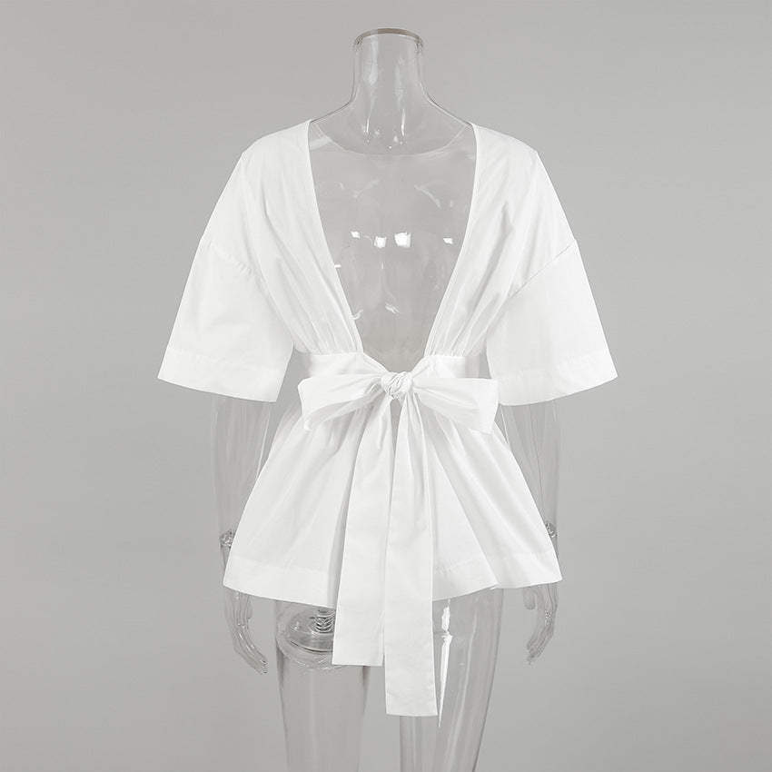 Women's White Bow Back Top Cute Versatile Casual Dressy Blouse for Going Out Brunch Date Night Street Style - Seldom Seen Styles