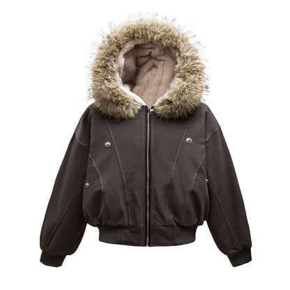 TALISHKO Faux Fur Lined Zip Up Winter Hooded Bomber Jacket