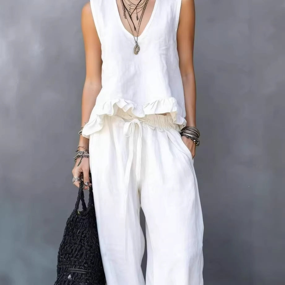Women's V-Neck Sleeveless Ruffle Hem Casual Cover Up Top Loose Flowy Summer Vacation Outfit - Seldom Seen Styles