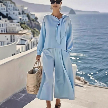 Women's Solid Color Long Sleeve Top Trousers Two Piece Set Fall Casual Chic Outfit Plus Size