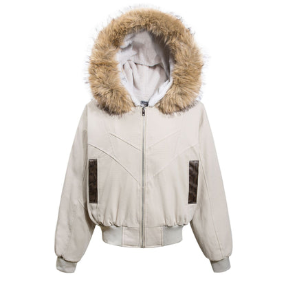 TALISHKO Faux Fur Lined Zip Up Winter Hooded Bomber Jacket