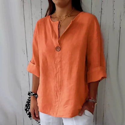 Women's Cotton Linen V-Neck Loose T-Shirt Button Detail Summer Casual Breathable Top Plus Size