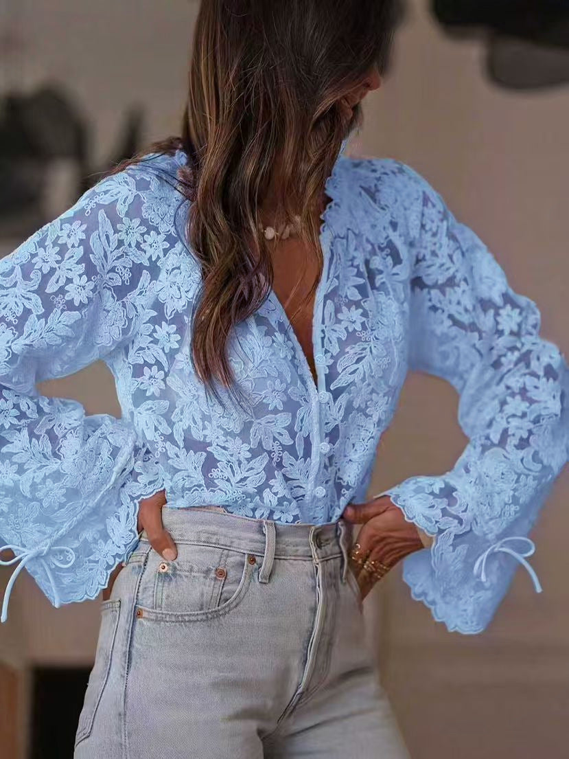 Korean version of the new hollow casual lace shirt lace shirt women - Seldom Seen Styles