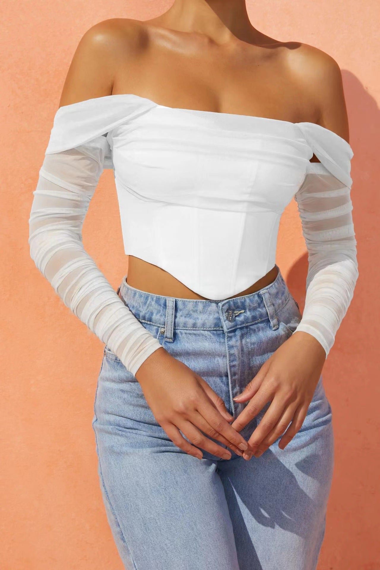 Women's clothing autumn and winter mesh yarn fish bone perspective one-word collar exposed navel short long-sleeved top women - Seldom Seen Styles