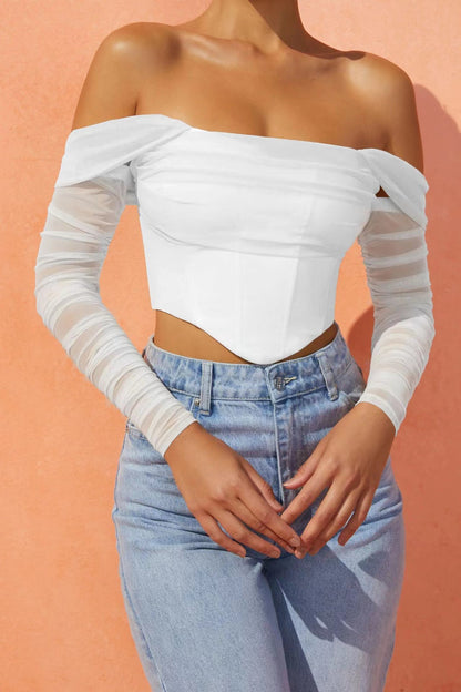 Women's clothing autumn and winter mesh yarn fish bone perspective one-word collar exposed navel short long-sleeved top women