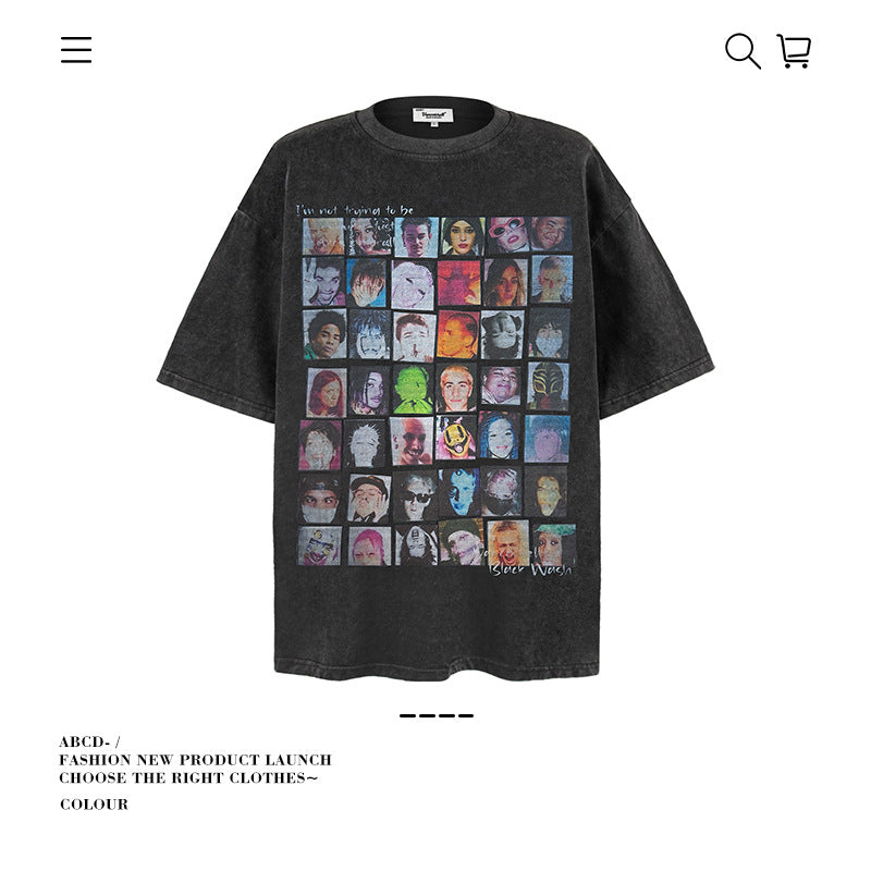 VANCARHELL 16-Grid Cartoon Avatars Graphic Tee