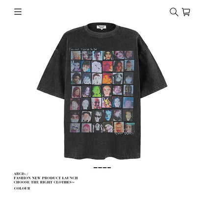 VANCARHELL 16-Grid Cartoon Avatars Graphic Tee