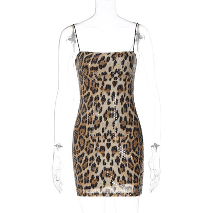 Neues modisches Leopardenmuster Streetstyle Nachtclub vielseitiges Trägerkleid mit Perlen Damenbekleidung