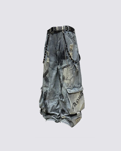 KIIKIO Streetwear Cargo Denim Pants with Belt and Chain Details