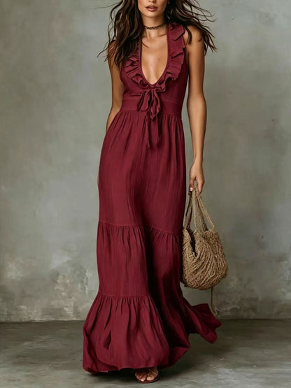 Women's Deep V Neck Ruffle Sleeveless Maxi Dress Loose Fit Casual Summer Beach Dress