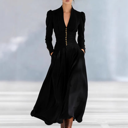 Women's V-Neck Bubble Sleeve Long Sleeve Big Swing Maxi Dress Elegant Waist Fall Winter Casual Dress Plus Size
