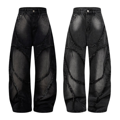 Distressed Wide Leg Jeans Heavy Wash Straight Loose Fit 100% Cotton Retro Streetwear Mopping Trousers | Wasteland Denim