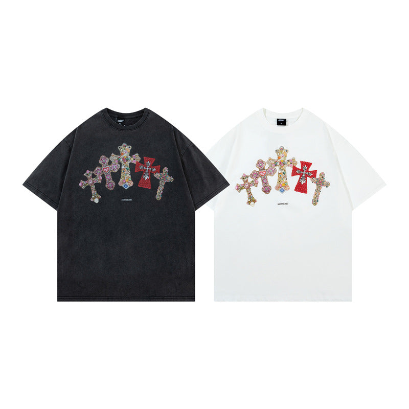 Women's American Color Cross Print Loose Short Sleeve T-Shirt High Street Casual Versatile Unisex Top | Cross Print Tee
