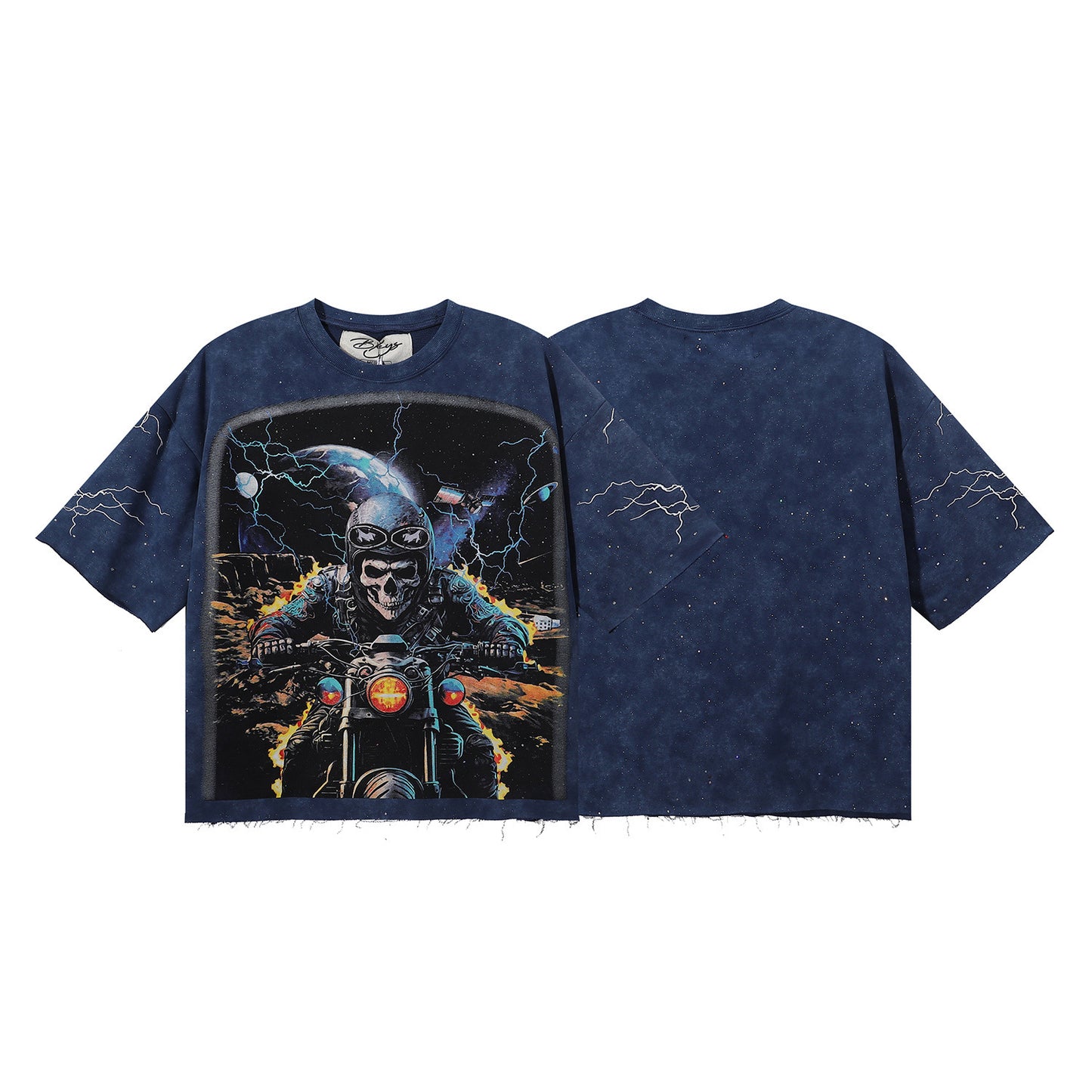 DARKAGE Skull Biker Lightning Vintage Washed Heavyweight Tee