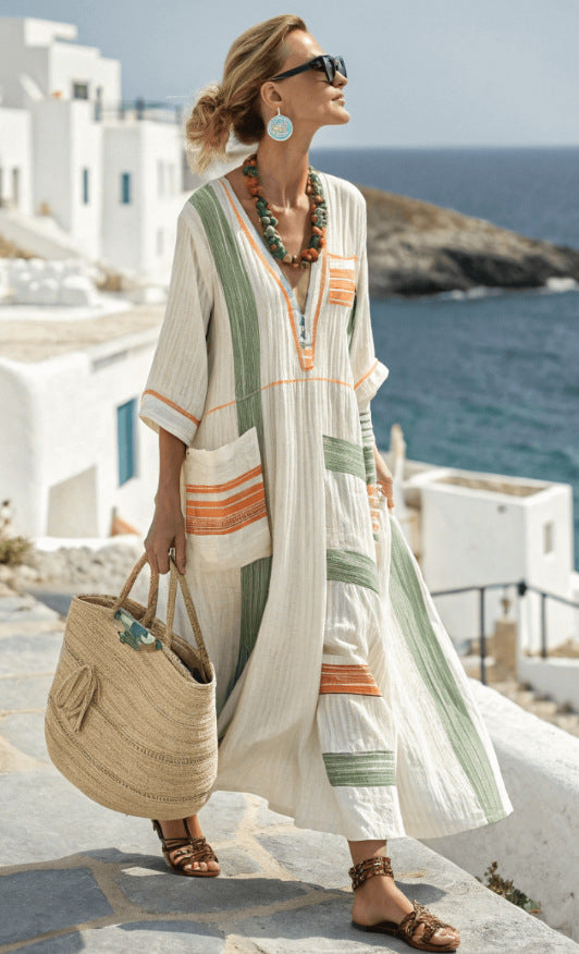 Women's Boho Linen Maxi Dress Oversized Kaftan Beach Cover Up Vacation Resort Dress