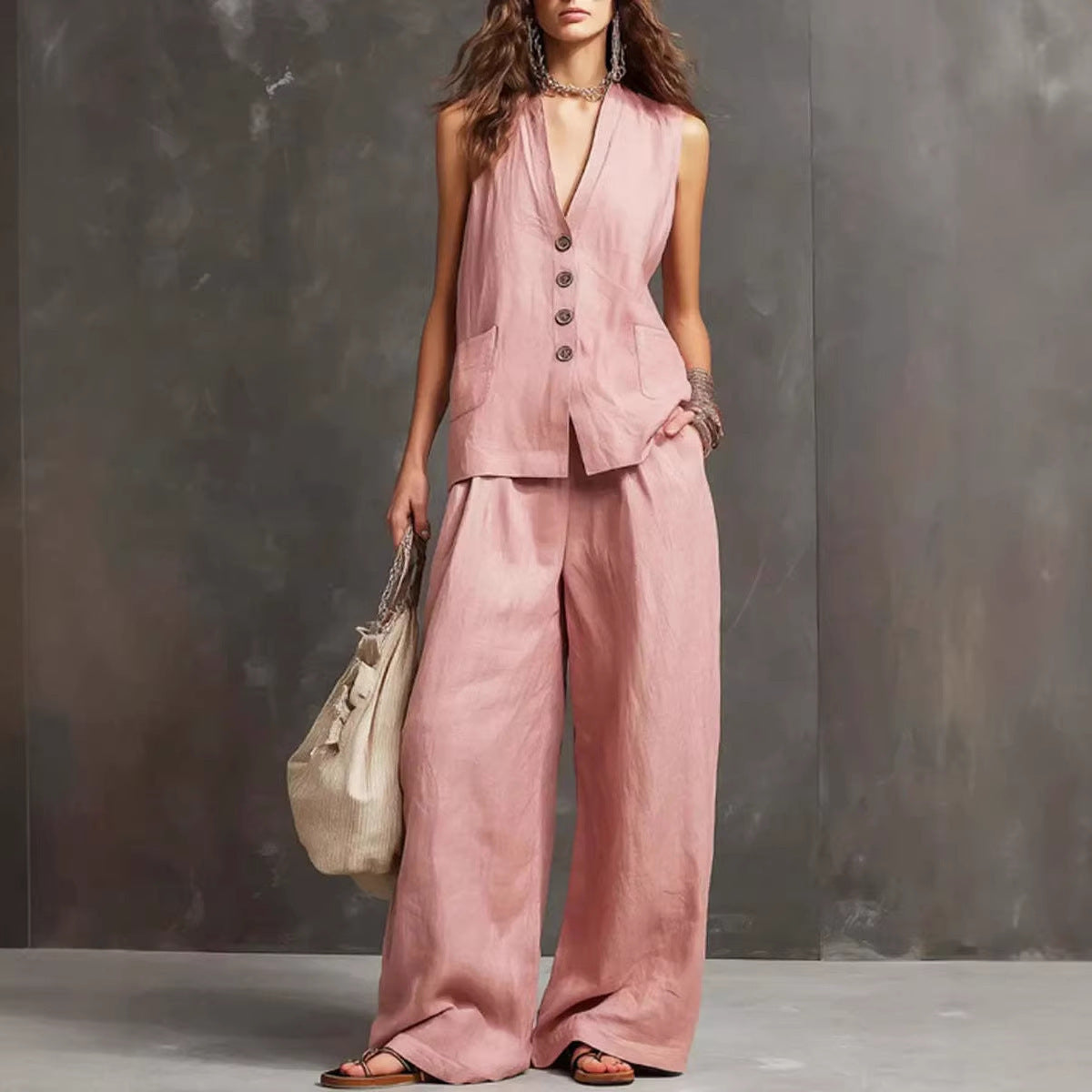 Women's Sleeveless Vest Wide Leg Pants Linen Two Piece Set Summer Casual Vacation Outfit - Seldom Seen Styles