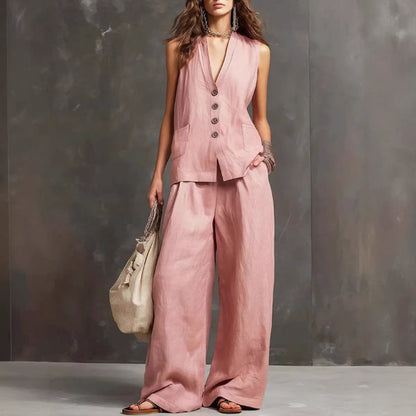 Women's Sleeveless Vest Wide Leg Pants Linen Two Piece Set Summer Casual Vacation Outfit