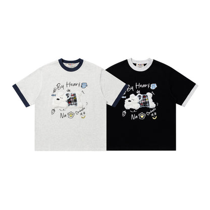 Plaid Bear Graphic Ringer T-Shirt Short Sleeve Crew Neck Oversized Casual Summer Streetwear Tee | Big Heart Ringer