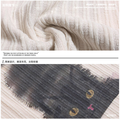 Retro Fluffy Cat Ribbed Knit Long Sleeve Top
