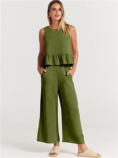 Women's Sleeveless Two Piece Pants Set Casual Ruffle Hem Top and Wide Leg Cropped Pants Matching Summer Outfit