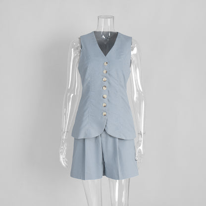 Baumwoll- und Leinen-Westen-Shorts-Set, Sommer 2025, neue Pendlerweste + Shorts-Anzug, Freizeitanzug für Damen