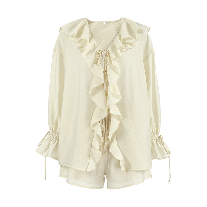 Women's Ruffle Two Piece Shorts Set Long Sleeve Loose Blouse and Shorts Outfit - Seldom Seen Styles