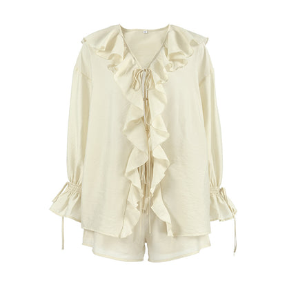 Women's Ruffle Two Piece Shorts Set Long Sleeve Loose Blouse and Shorts Outfit