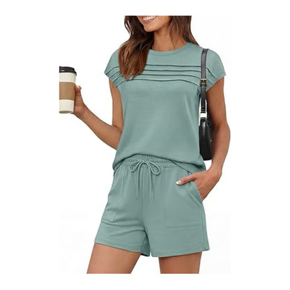 Women's Striped Two Piece Set Casual Loose Fit Crop Top and Shorts Summer Outfit