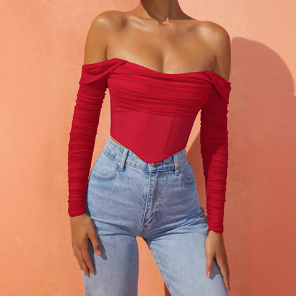 Women's clothing autumn and winter mesh yarn fish bone perspective one-word collar exposed navel short long-sleeved top women