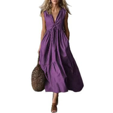Women's Solid Color Sleeveless V-Neck Dress Elegant Casual Summer Vacation Midi Dress